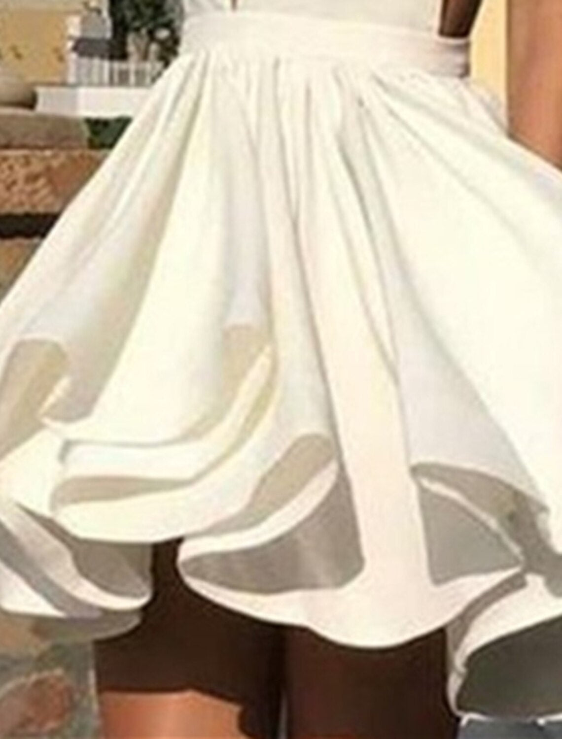 Abiti da ballo a trapezio, a strati, plissettati, per feste, laurea, corti/mini, senza maniche, scollo all'americana, in raso con volant